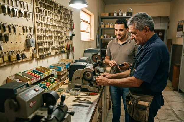 Chaveiro em Petrolina atendendo um cliente em sua oficina.