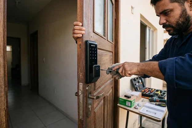 Fechadura digital instalada em uma porta, destacando a segurança moderna.